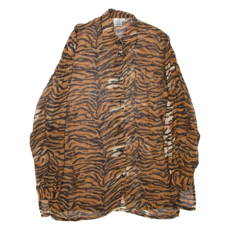 Sheer Womens Printed Shirt Brown Collared Long Sleeve Animal Print XL