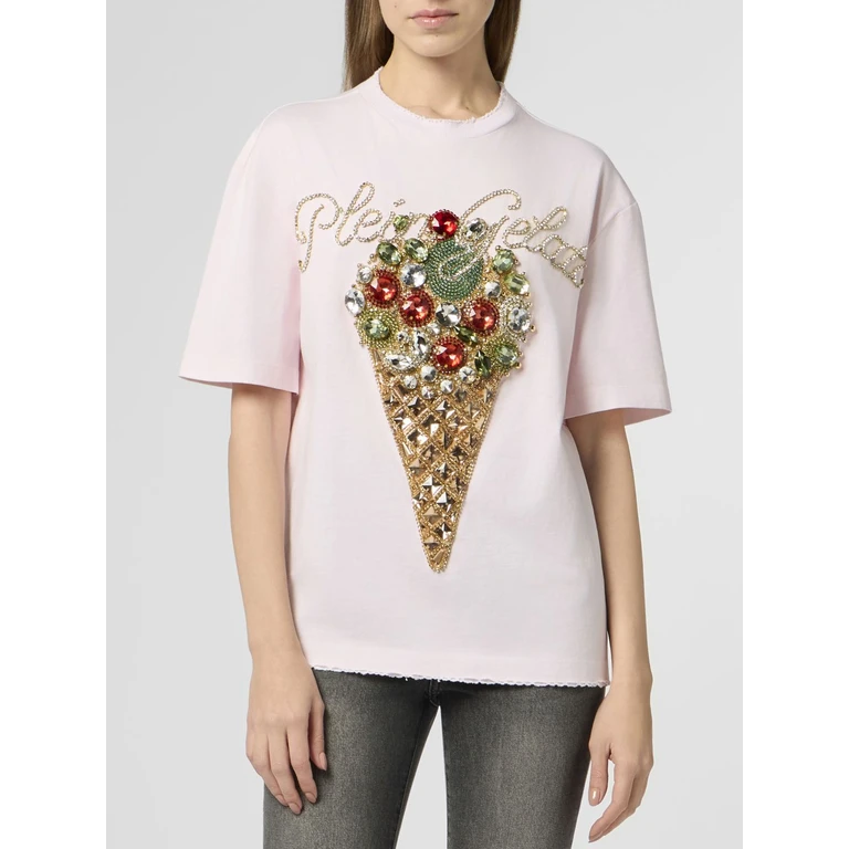 Cotton Jersey T-shirt with Rhinestone Logo and Fringed Hem (PAFCWTK3944PJY002N03)