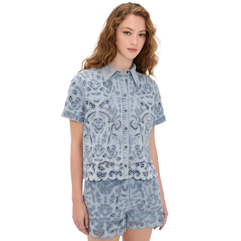 ALICE + OLIVIA Lane Denim Button Down Shirt Sierra Light Blue S