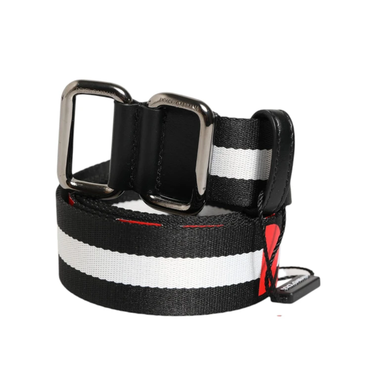 Black White Striped Logo Metal Buckle Belt And Nylon Calf Leather - Men