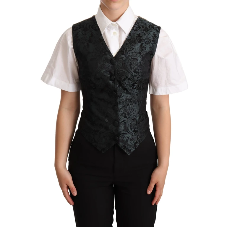 Dolce & Gabbana Black Jacquard Floral Waistcoat Vest Green Polyester Nylon P2 Clothing - Women