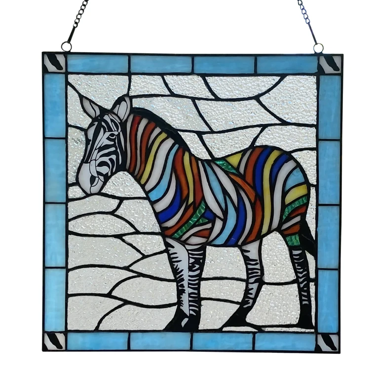 12" H Rainbow Stripe Zebra Stained Glass Window Panel