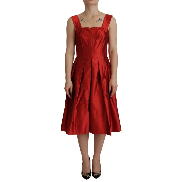 Dolce & Gabbana Red A-Line Pleated Satin Silk Dress - Women