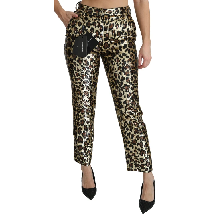 Dolce & Gabbana Brown Leopard Sequined High Waist Pants Gold Pvc Silk Polyester Elastane - Women