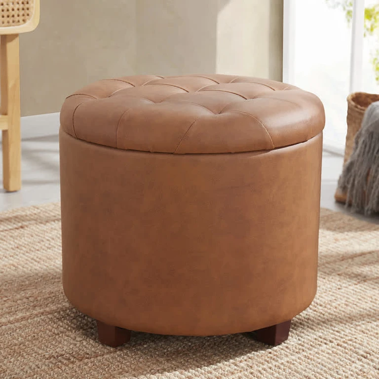 Upholstered Round Tufted Storage Ottoman