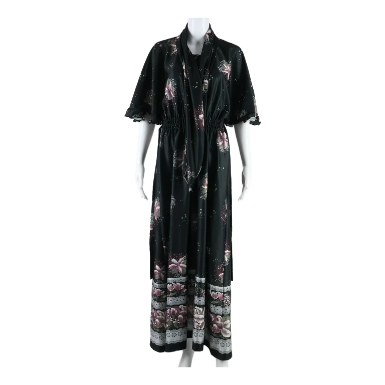 Belted Womens Maxi Dress Black Floral Long S
