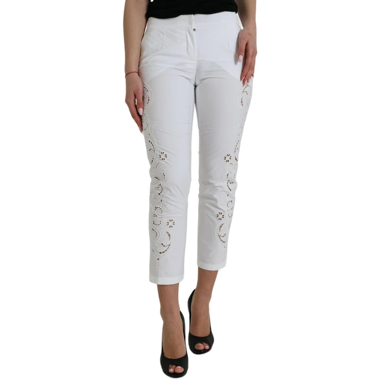 Dolce & Gabbana White Cut Out Cotton Mid Waist Cropped Pants Viscose - Women