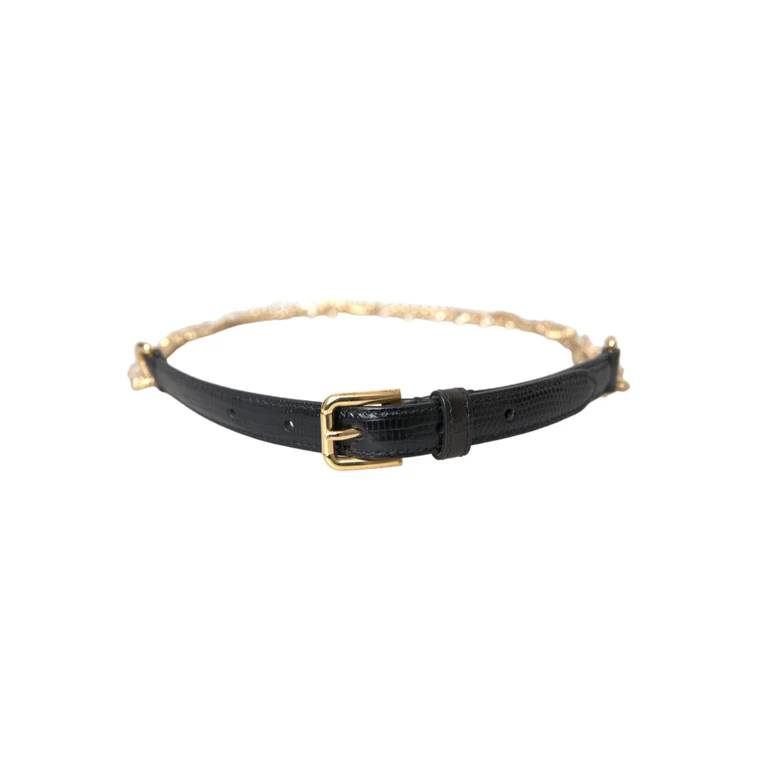 Dolce & Gabbana Black Leather Gold Chain Crystal Waist Women Belt - Women