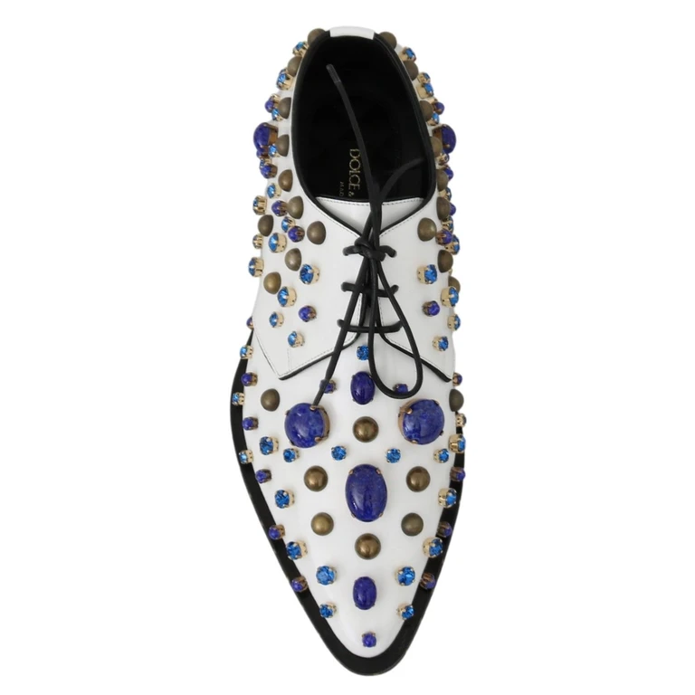White Leather Crystals Dress Broque Shoes - Women