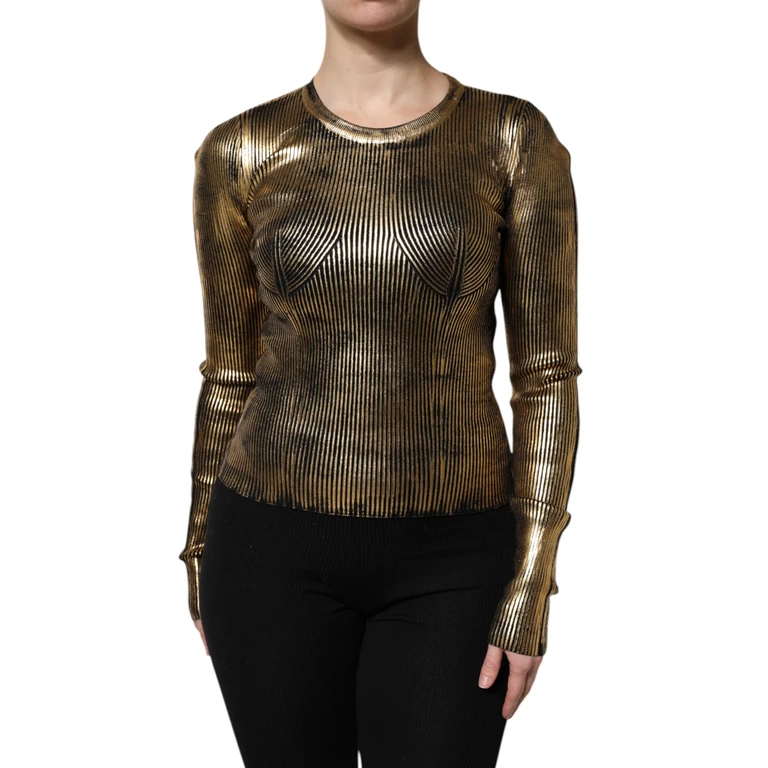 Gold Round Neck Long Sleeve Pullover Top Viscose Polyester - Women