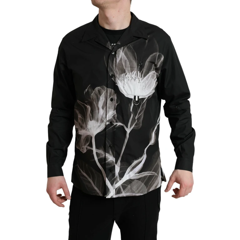 Dolce & Gabbana Black Floral Cotton Collared Long Sleeves Men Shirt - Men