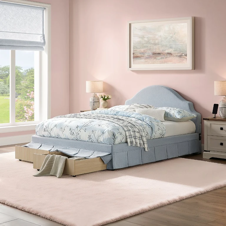 Darcy Light Blue Upholstered Queen Storage Bed