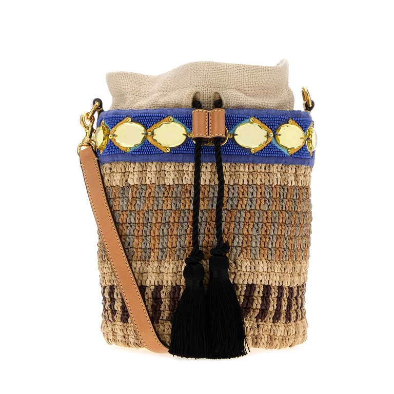 Embroidered Raffia Vlogo Signature Bucket Bag Multicbeigemulticlblnatncamelner Borse A Secchiello - Women