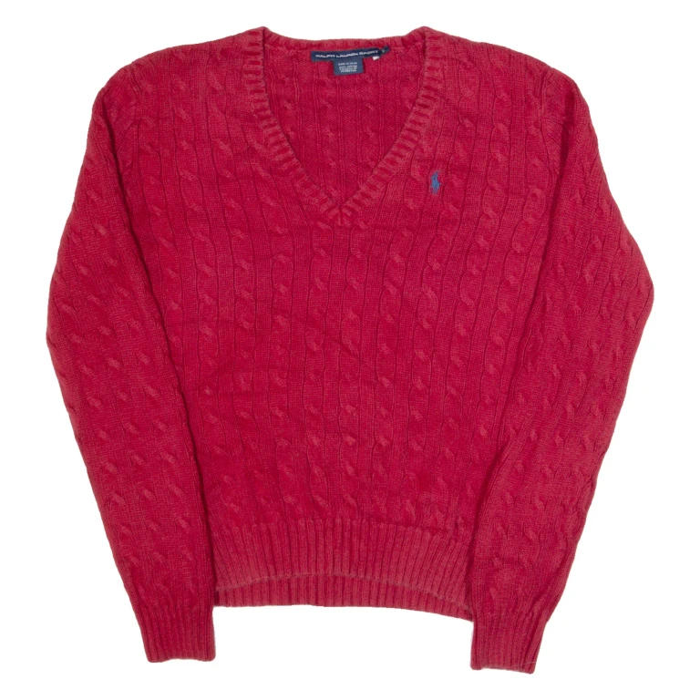 RALPH LAUREN SPORT Womens Jumper Red V-Neck Cable Knit XL