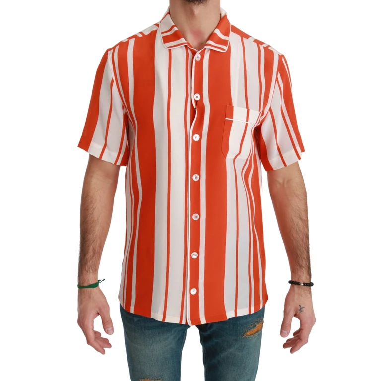 Dolce & Gabbana Orange Silk Striped Short Sleeve White Shirt - Men