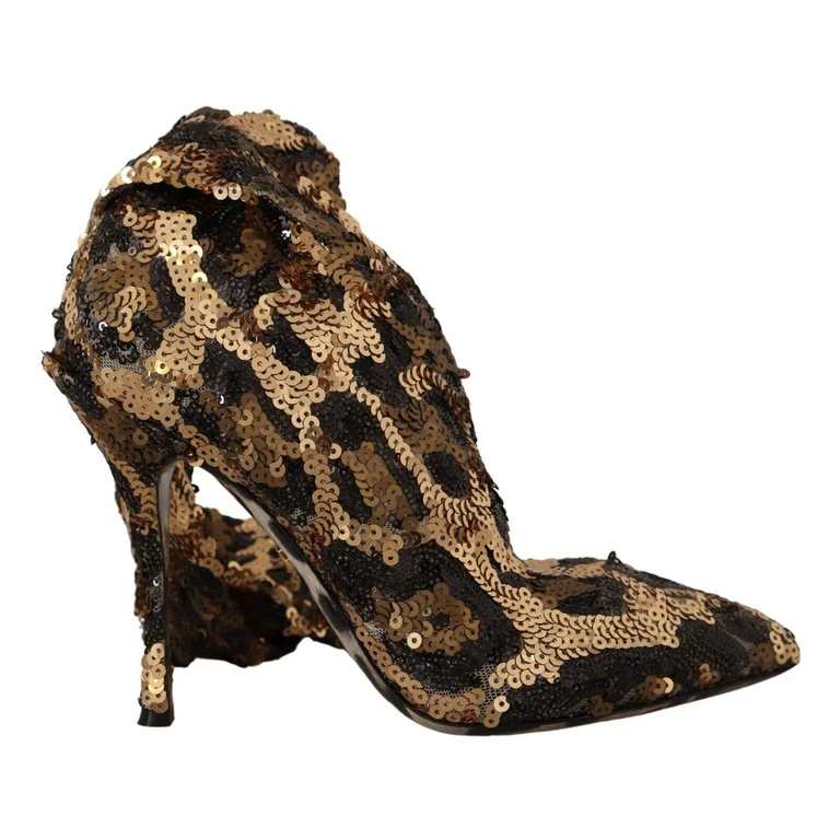 Dolce & Gabbana Gold Leopard Sequins Heels Boots Shoes Polyester Nylon Elastane - Women