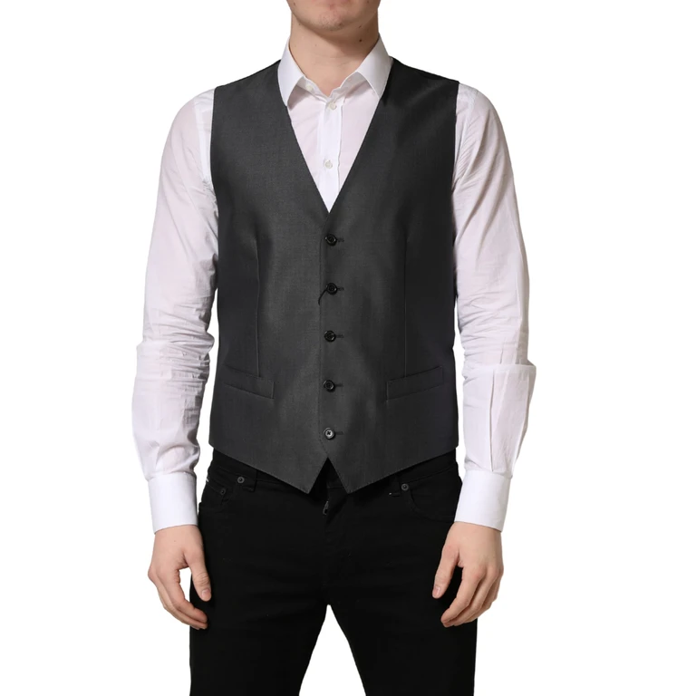 Dolce & Gabbana Dark Gray Single Breasted Men Waistcoat Vest Black Virgin Wool Silk Clothing - Men