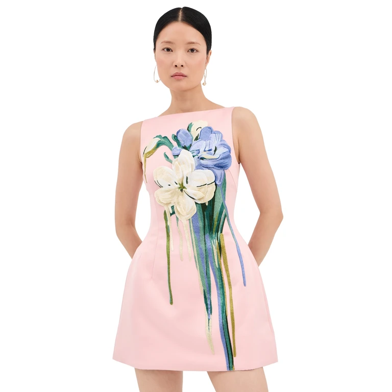 Ali Embroidered Mini Dress Bouquet Print in Pastel Pink 8