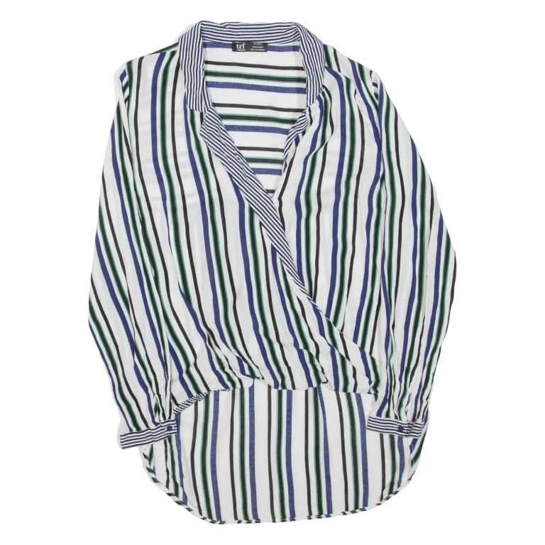 ZARA Womens Printed Top Blue V-Neck Long Sleeve Striped M