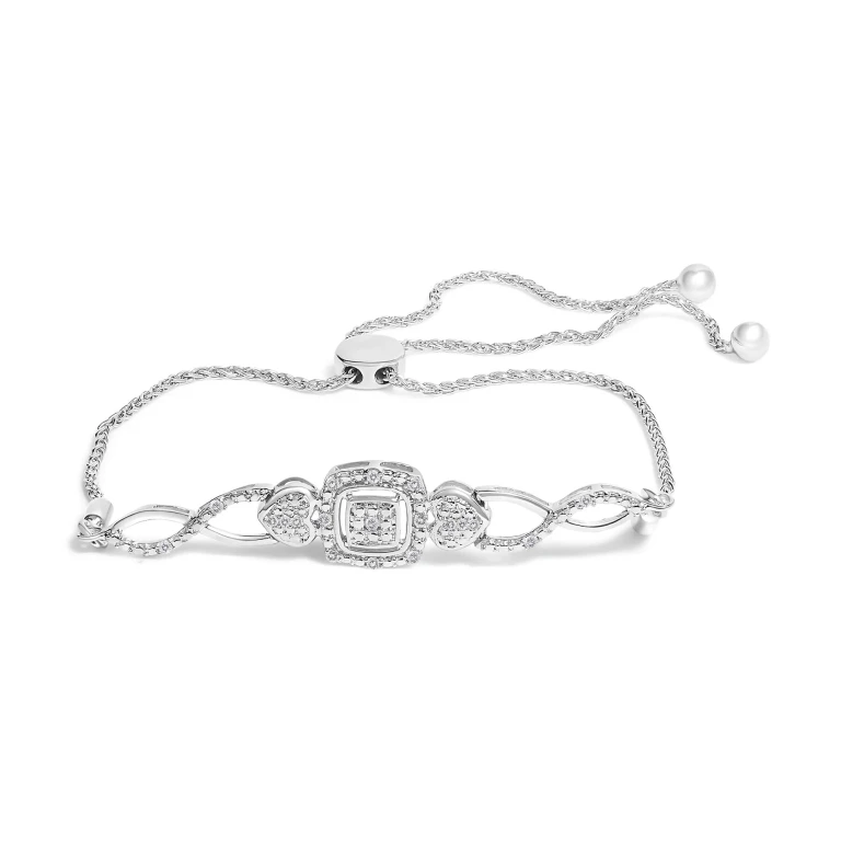 .925 Sterling Silver Diamond Cushion Frame Heart-Sides Twist 4"-10" Adjustable Bolo Tennis Bolo Bracelet (I-J Color, I3 Clarity)
