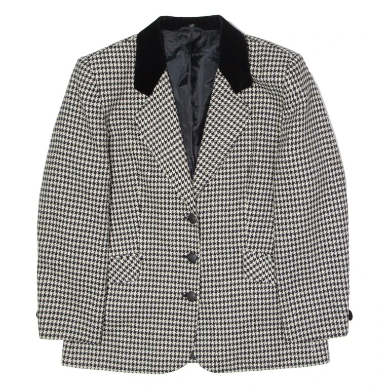 C&A Womens Blazer Jacket Black Wool 90s Houndstooth UK 14