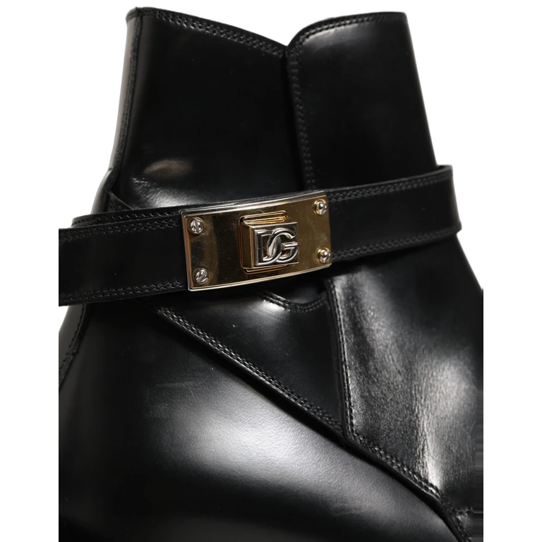 Dolce & Gabbana Black Leather Dg Plaque Ankle Boots Shoes - Men