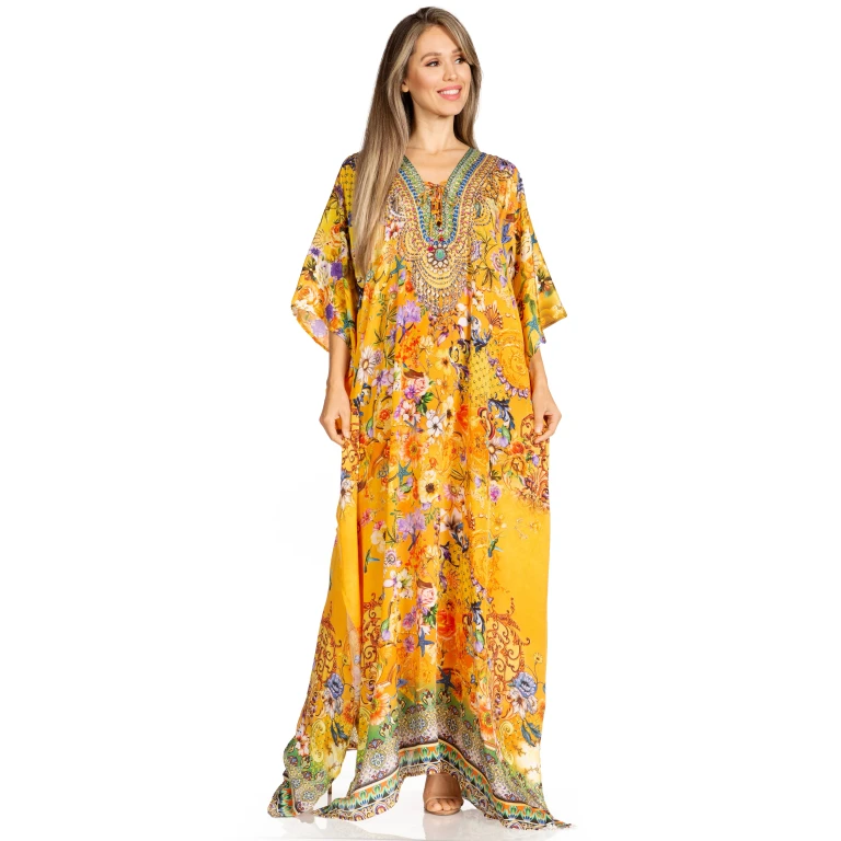 Sakkas Yeni Women's Short Sleeve V-neck Summer Floral Long Caftan Dress Cover-up