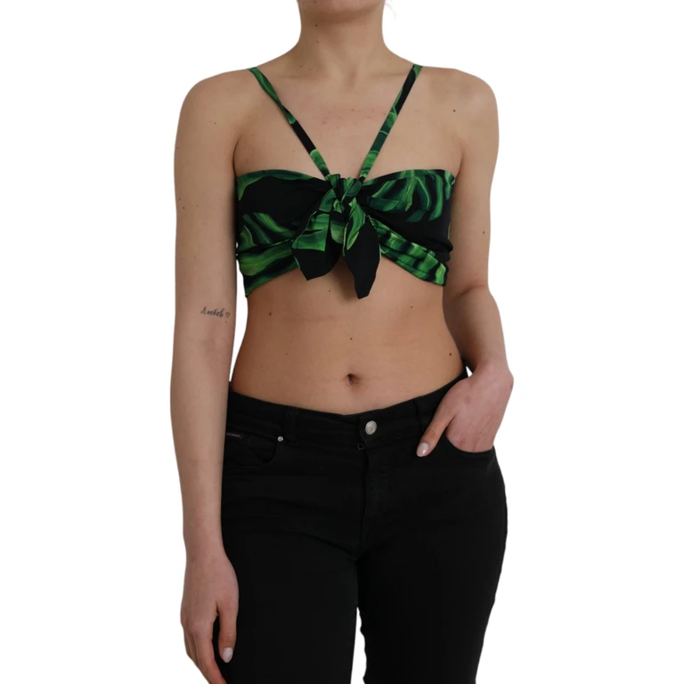 Dolce & Gabbana Black Green Leaf Silk Halter Cropped Top Elastane - Women