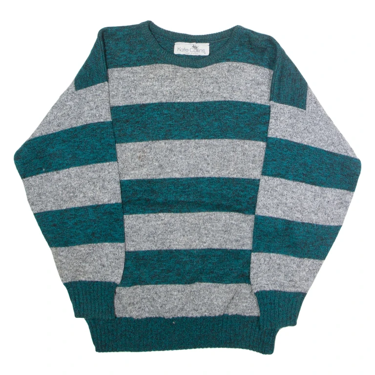 KATE COLLINS Mens Patterned Jumper Grey Striped Crew Neck 90s L