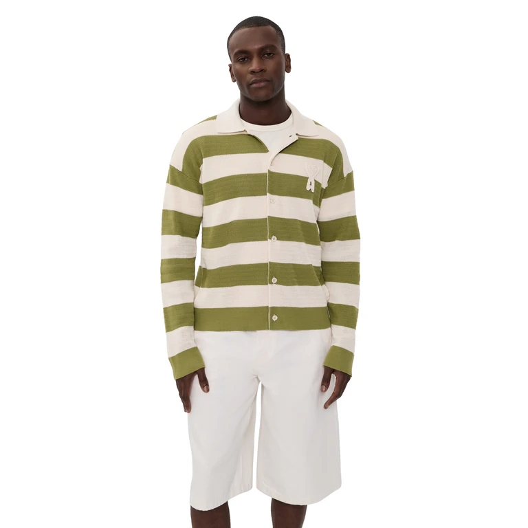 AMI Striped Polo Collar Cardigan Blanc Creme/Matcha S