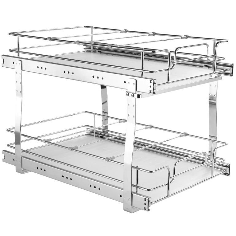 2 Tier 14"W x 21"D Pull Out Cabinet Organizer, Heavy Duty Slide Out Pantry Shelves, Chrome-Plated Steel Roll Out Drawers, Sliding Drawer Storage for Inside Kitchen Cabinet, Bathroom, Under Sink - Silver