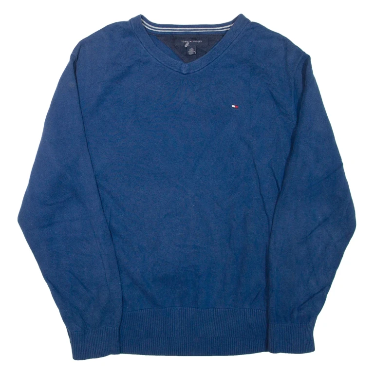 TOMMY HILFIGER Mens Jumper Blue V-Neck Tight Knit L