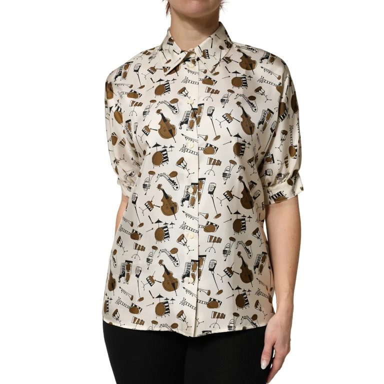Dolce & Gabbana Beige Musical Instrument Print Short Sleeve Top Silk - Women
