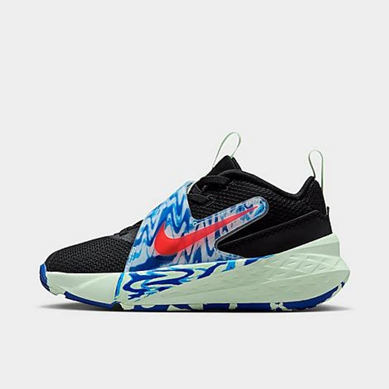 Nike Little Kids Team Hustle D 12 Stretch Lace Basketball Shoes in Black/Game Royal/Volt Tint Size: 1.0