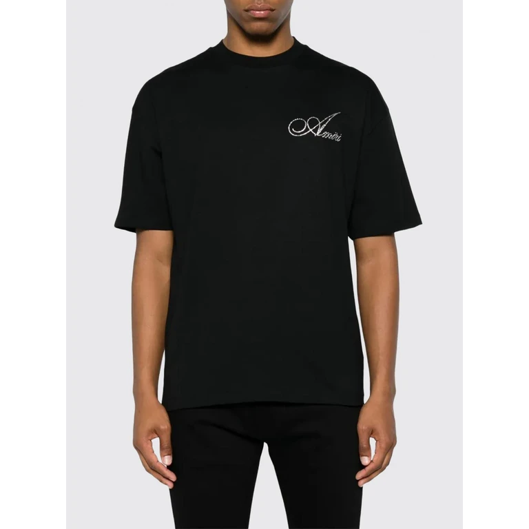 Cotton T-Shirt with Rhinestone Logo and Dropped Shoulders (AMTOJR1201001)