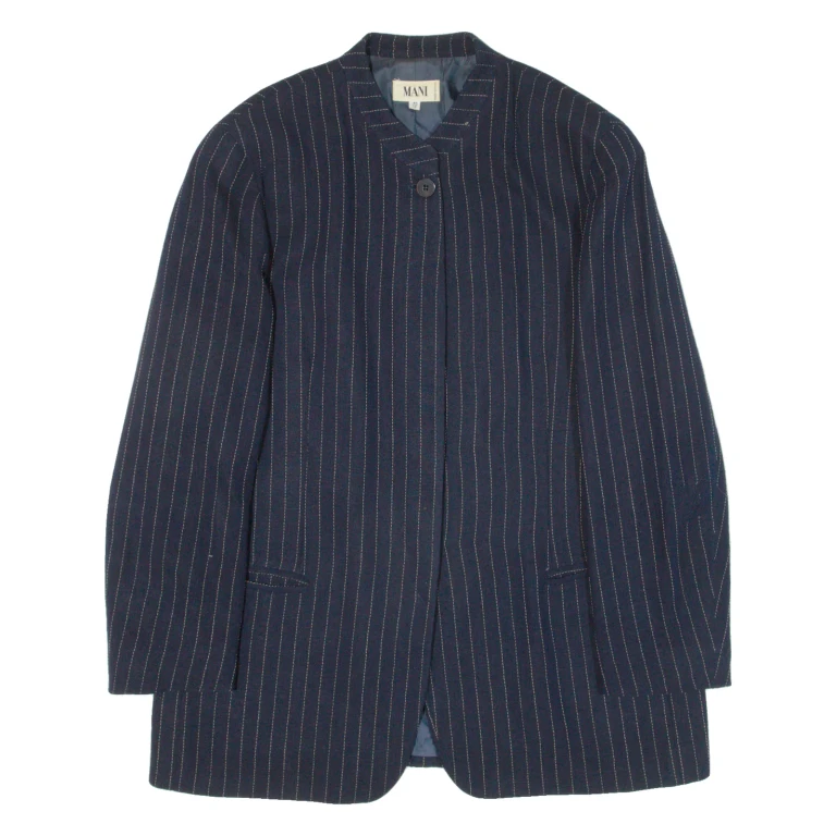 MANI Womens Blazer Jacket Blue Knit Wool 90s Pinstripe L