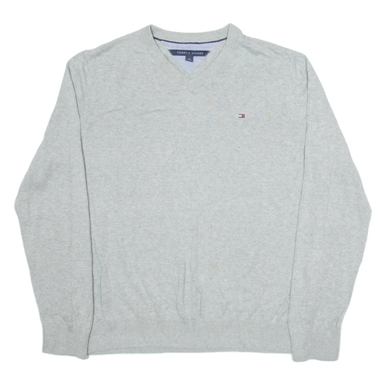 TOMMY HILFIGER Mens Jumper Grey V-Neck Tight Knit L
