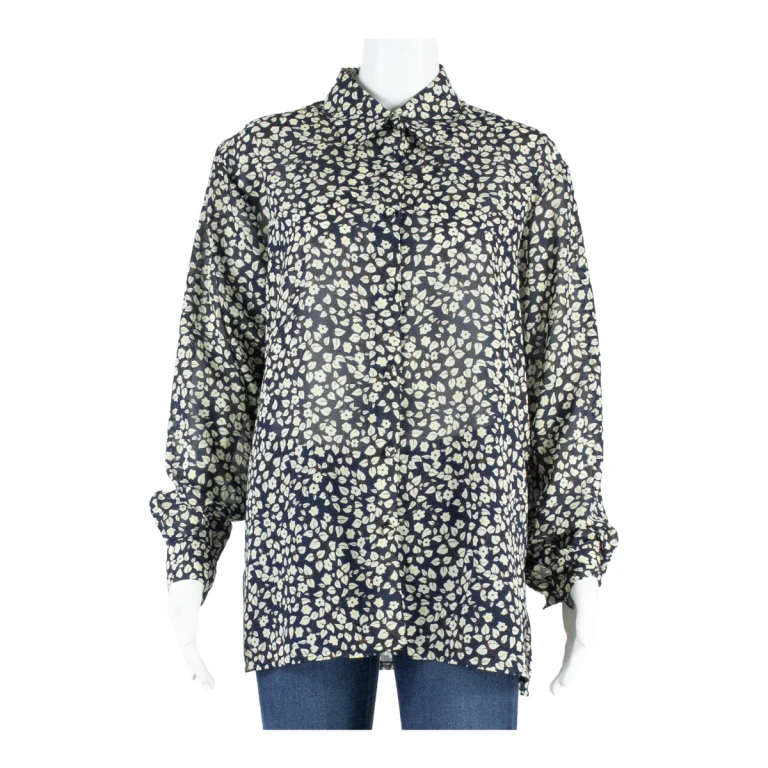 Sheer Womens Printed Shirt Blue Collared Long Sleeve Floral L
