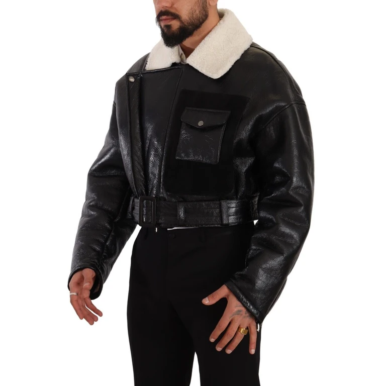 Black Leather Shearling Biker Coat Jacket Clothing - Men