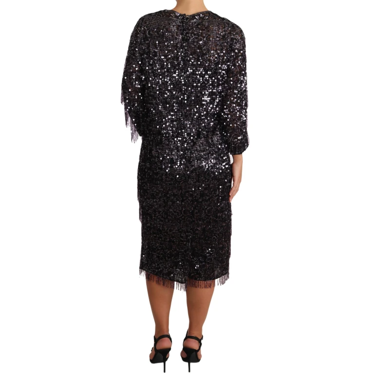 Dolce & Gabbana Black Sequined Long Sleeve Shift Midi Dress - Women