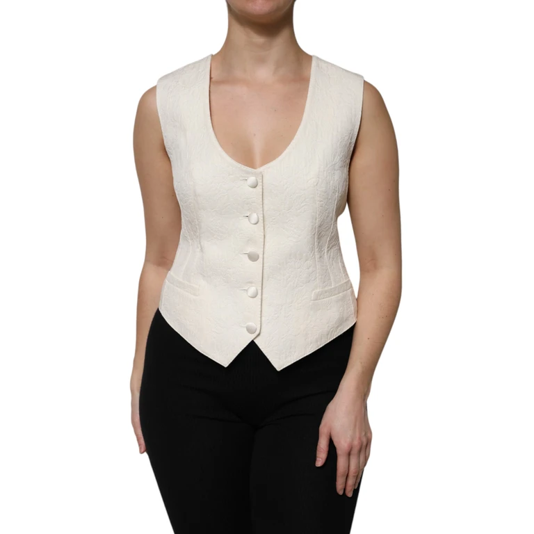 Dolce & Gabbana Ivory Cotton Button Down Sleeveless Vest Top Off White Silk - Women