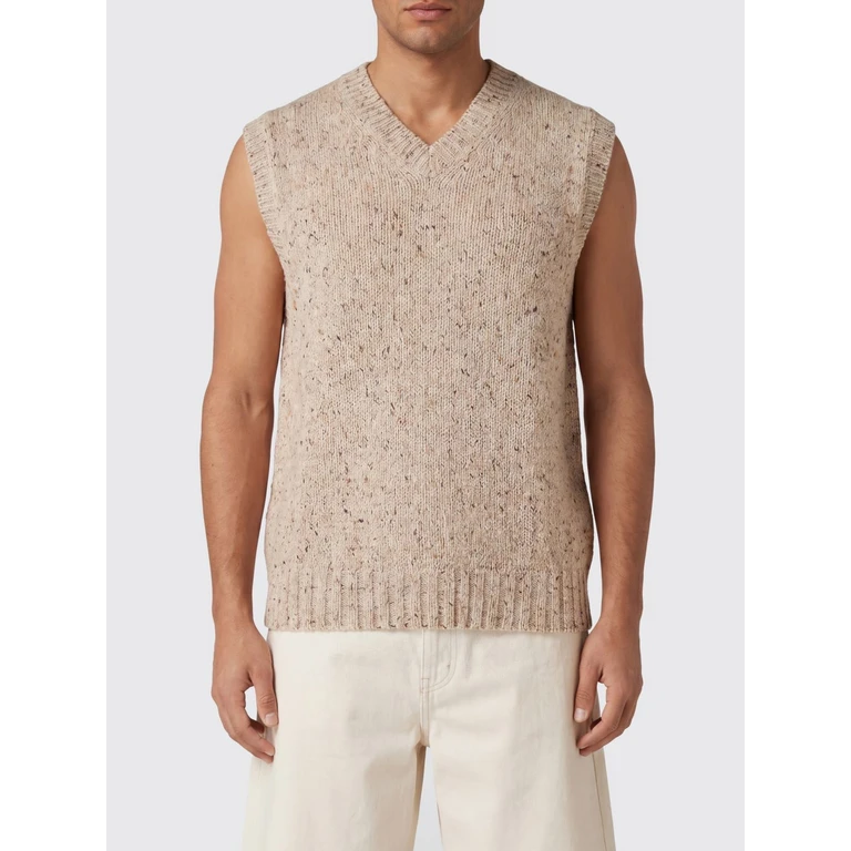 V-Neck Sweater Vest in Pure Wool with Ribbed Trims (COSMICSPIELEBEIGE)