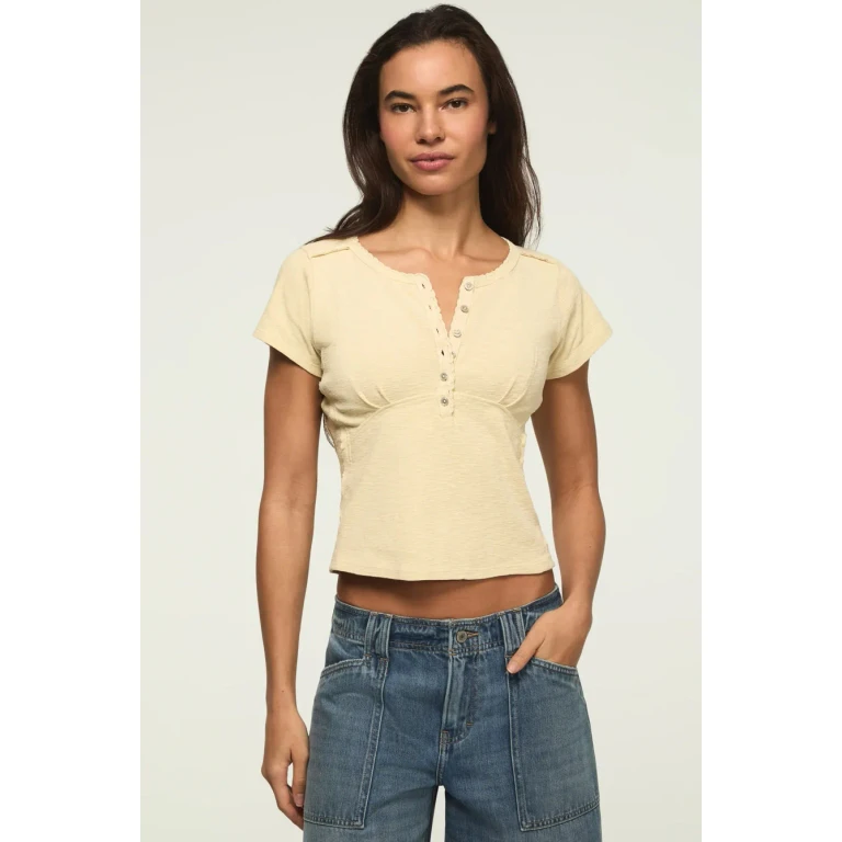 Women's Crochet Trim Short Sleeve Henley - Lemon Icing