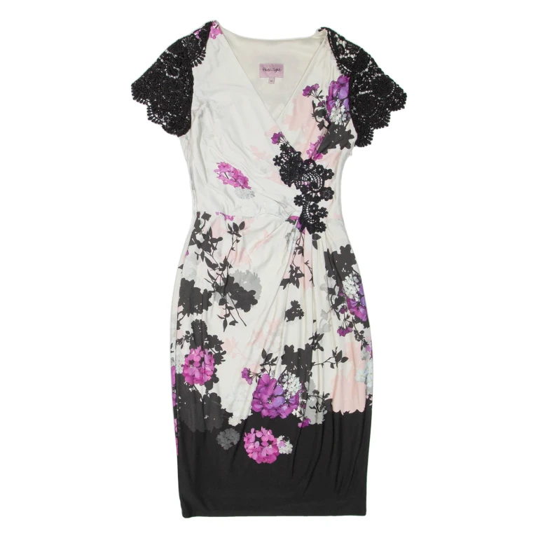 PHASE EIGHT Womens Day Dress Black Floral Short Sleeve Knee Length M