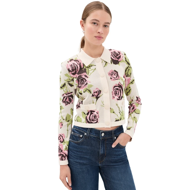 L'AGENCE Osiris Jacquard Collared Cardigan Ecru/Romantic Rose M