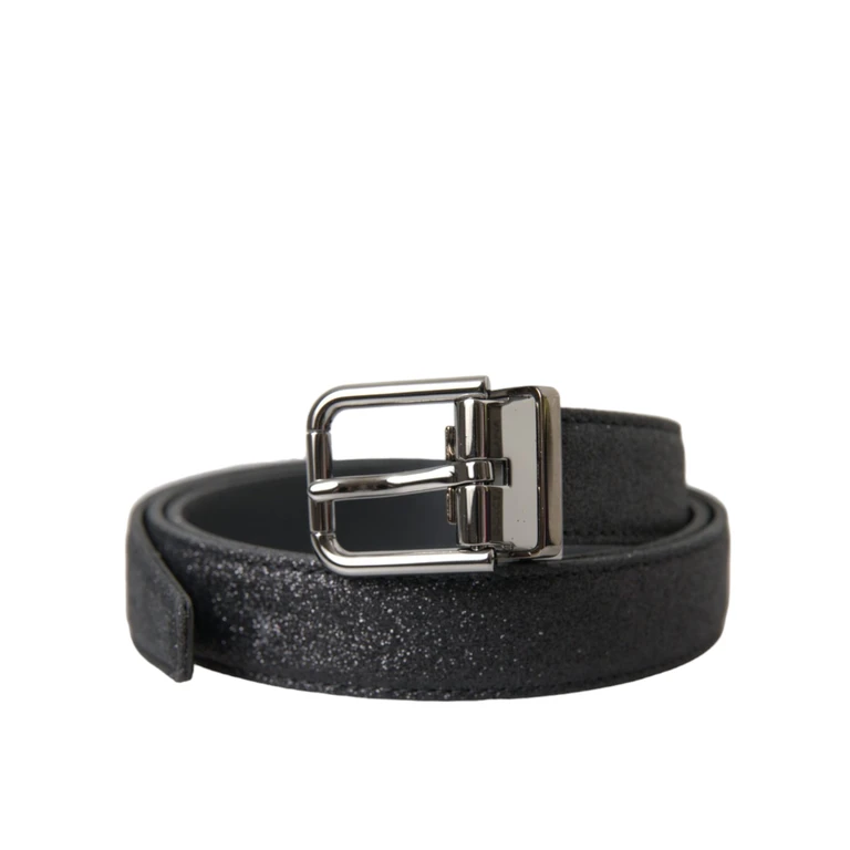 Dolce & Gabbana Black Glittered Leather Silver Buckle Belt - Women