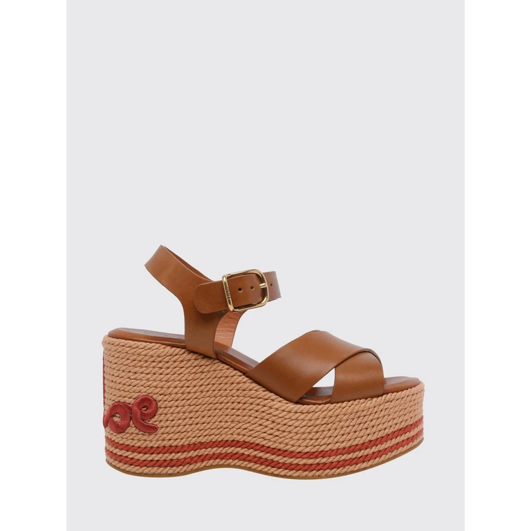 CHLOÉ High Wedge Sandals in Calfskin Leather with Embroidered Logo and Strap (CH26U18ZXJ527)