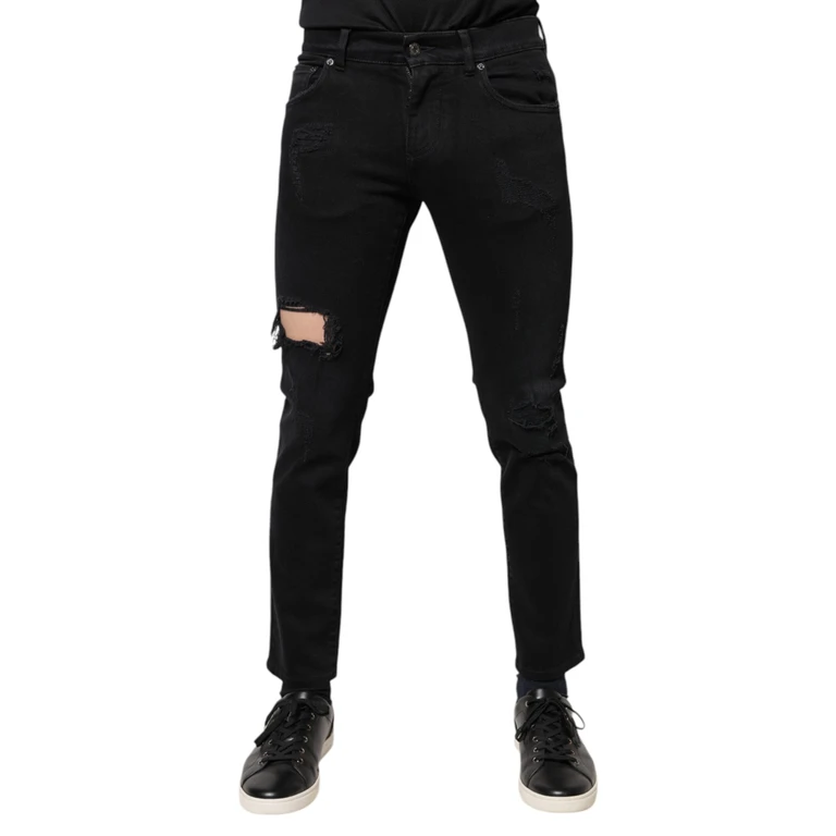 Dolce & Gabbana Black Cotton Tattered Skinny Denim Logo Jeans Elastane Clothing - Men