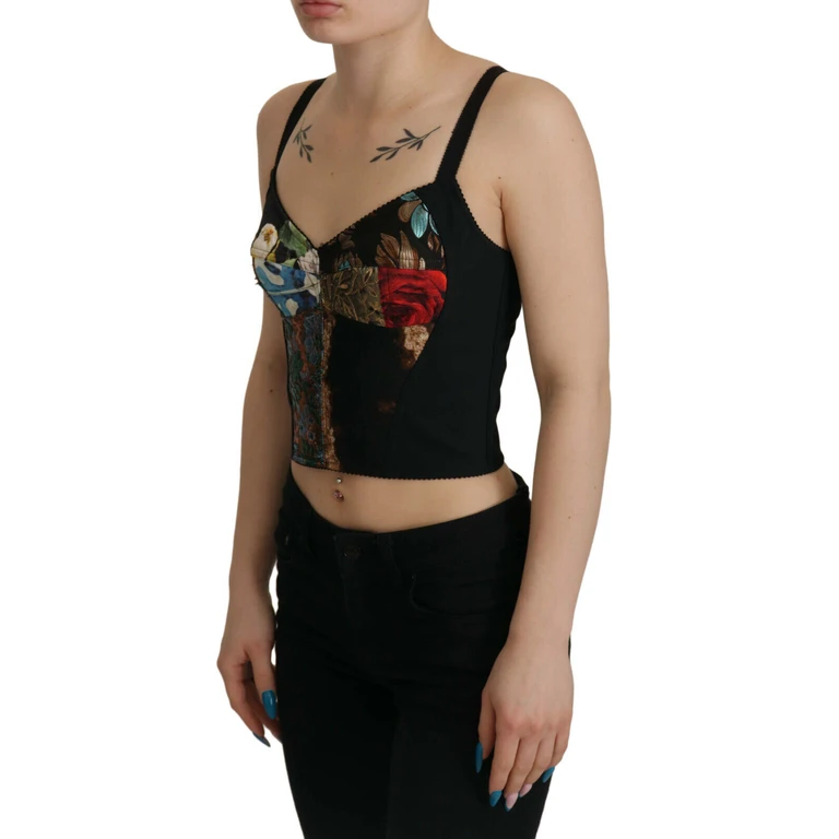 Dolce & Gabbana Black Patchwork Sicily Blouse Corset Cropped Top Cotton - Women