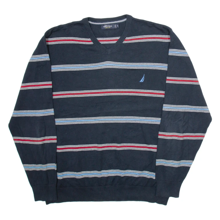 NAUTICA Mens Jumper Blue Striped V-Neck Tight Knit XL